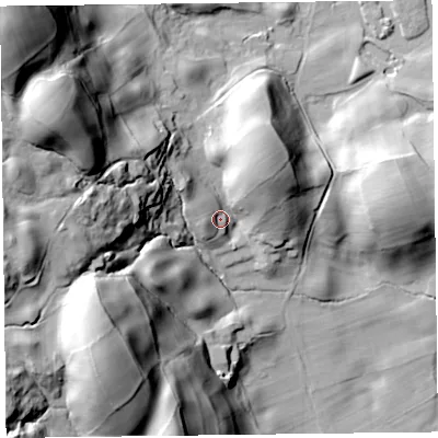 Shaded relief map of the ground around LA220QA, computed from Environment Agency LiDAR. The ground here sits at about 84 m above sea level and falls 88 m across the surrounding 800 m. Surface water reaching this point runs off ground lying to the north-west, 72.8 m higher.