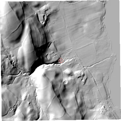 Shaded relief map of the ground around LA220QE, computed from Environment Agency LiDAR. The ground here sits at about 74 m above sea level and falls 89 m across the surrounding 800 m. Surface water reaching this point runs off ground lying to the south-west, 80.9 m higher.