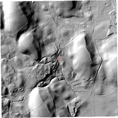 Shaded relief map of the ground around LA220QG, computed from Environment Agency LiDAR. The ground here sits at about 93 m above sea level and falls 89 m across the surrounding 800 m. Surface water reaching this point runs off ground lying to the north-west, 64.1 m higher.