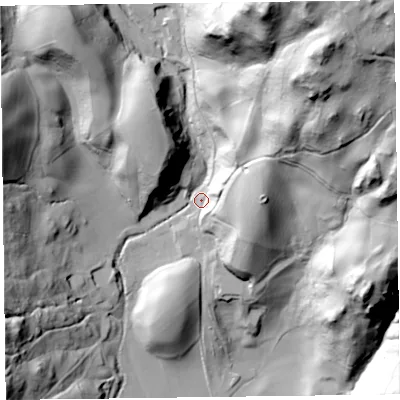 Shaded relief map of the ground around LA220QL, computed from Environment Agency LiDAR. The ground here sits at about 104 m above sea level and falls 111 m across the surrounding 800 m. Surface water reaching this point runs off ground lying to the north-north-east, 98.3 m higher.