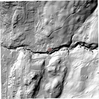 Shaded relief map of the ground around LA220QT, computed from Environment Agency LiDAR. The ground here sits at about 91 m above sea level and falls 133 m across the surrounding 800 m. Surface water reaching this point runs off ground lying to the east-north-east, 6.2 m higher.
