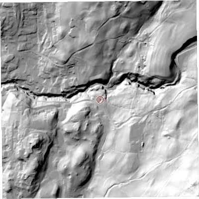 Shaded relief map of the ground around LA220QY, computed from Environment Agency LiDAR. The ground here sits at about 100 m above sea level and falls 185 m across the surrounding 800 m. Surface water reaching this point runs off ground lying to the south-east, 119.2 m higher.