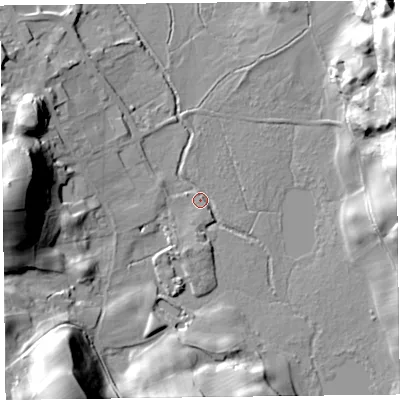 Shaded relief map of the ground around LA220RL, computed from Environment Agency LiDAR. The ground here sits at about 67 m above sea level and falls 38 m across the surrounding 800 m. Surface water reaching this point runs off ground lying to the west, 34.9 m higher.