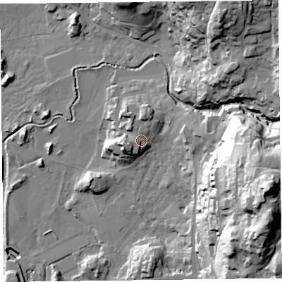 Shaded relief map of the ground around LA229AD, computed from Environment Agency LiDAR. The ground here sits at about 56 m above sea level and falls 76 m across the surrounding 800 m. Surface water reaching this point runs off ground lying to the south-west, 7.4 m higher.