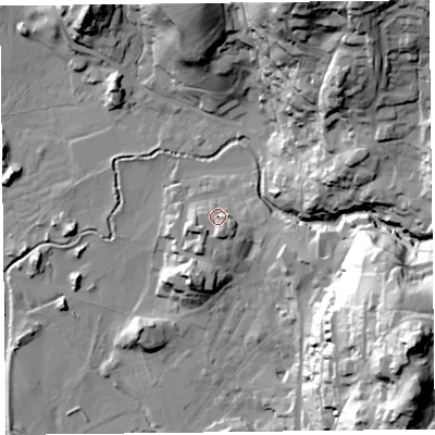 Shaded relief map of the ground around LA229AG, computed from Environment Agency LiDAR. The ground here sits at about 56 m above sea level and falls 71 m across the surrounding 800 m. Surface water reaching this point runs off ground lying to the south-south-east, 5.6 m higher.