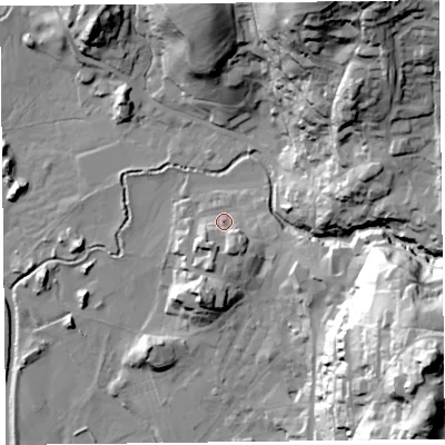 Shaded relief map of the ground around LA229AH, computed from Environment Agency LiDAR. The ground here sits at about 53 m above sea level and falls 71 m across the surrounding 800 m. Surface water reaching this point runs off ground lying to the south-south-east, 6.8 m higher.