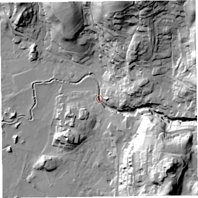 Shaded relief map of the ground around LA229AN, computed from Environment Agency LiDAR. The ground here sits at about 52 m above sea level and falls 80 m across the surrounding 800 m. Surface water reaching this point runs off ground lying to the north-east, 71.0 m higher.