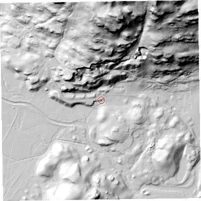 Shaded relief map of the ground around LA229AQ, computed from Environment Agency LiDAR. The ground here sits at about 82 m above sea level and falls 178 m across the surrounding 800 m. Surface water reaching this point runs off ground lying to the north-north-east, 171.5 m higher.