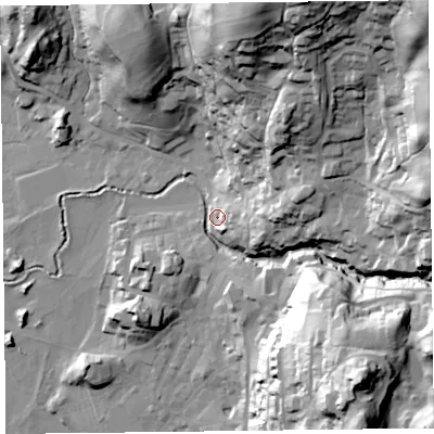 Shaded relief map of the ground around LA229AR, computed from Environment Agency LiDAR. The ground here sits at about 55 m above sea level and falls 89 m across the surrounding 800 m. Surface water reaching this point runs off ground lying to the north-east, 79.6 m higher.