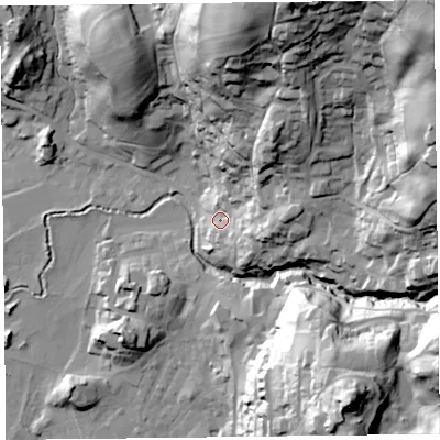 Shaded relief map of the ground around LA229AS, computed from Environment Agency LiDAR. The ground here sits at about 59 m above sea level and falls 96 m across the surrounding 800 m. Surface water reaching this point runs off ground lying to the north-east, 43.1 m higher.