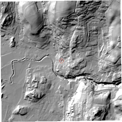 Shaded relief map of the ground around LA229AT, computed from Environment Agency LiDAR. The ground here sits at about 59 m above sea level and falls 97 m across the surrounding 800 m. Surface water reaching this point runs off ground lying to the north-east, 43.1 m higher.