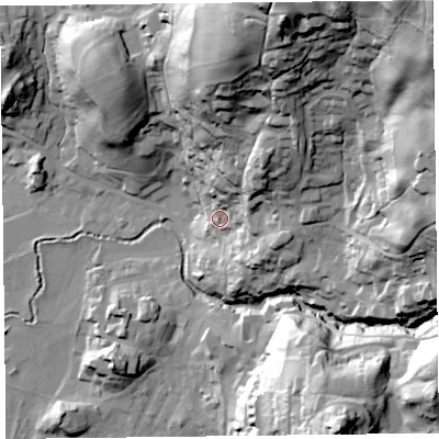 Shaded relief map of the ground around LA229AU, computed from Environment Agency LiDAR. The ground here sits at about 63 m above sea level and falls 108 m across the surrounding 800 m. Surface water reaching this point runs off ground lying to the north-east, 37.9 m higher.