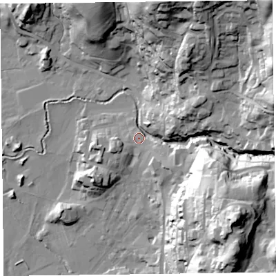 Shaded relief map of the ground around LA229AW, computed from Environment Agency LiDAR. The ground here sits at about 55 m above sea level and falls 77 m across the surrounding 800 m. Surface water reaching this point runs off ground lying to the north-east, 66.7 m higher.