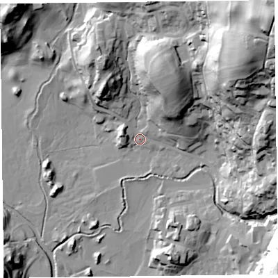 Shaded relief map of the ground around LA229AY, computed from Environment Agency LiDAR. The ground here sits at about 50 m above sea level and falls 93 m across the surrounding 800 m. Surface water reaching this point runs off ground lying to the north-east, 85.5 m higher.