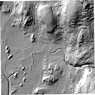 Shaded relief map of the ground around LA229AZ, computed from Environment Agency LiDAR. The ground here sits at about 50 m above sea level and falls 89 m across the surrounding 800 m. Surface water reaching this point runs off ground lying to the north-east, 81.7 m higher.