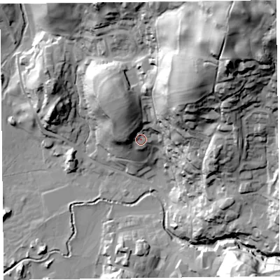 Shaded relief map of the ground around LA229BB, computed from Environment Agency LiDAR. The ground here sits at about 66 m above sea level and falls 114 m across the surrounding 800 m. Surface water reaching this point runs off ground lying to the north-north-west, 20.1 m higher.