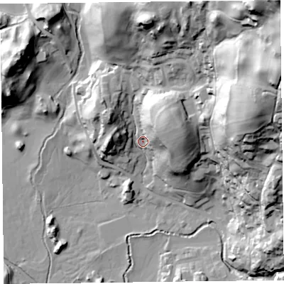 Shaded relief map of the ground around LA229BD, computed from Environment Agency LiDAR. The ground here sits at about 55 m above sea level and falls 106 m across the surrounding 800 m. Surface water reaching this point runs off ground lying to the north-east, 96.6 m higher.