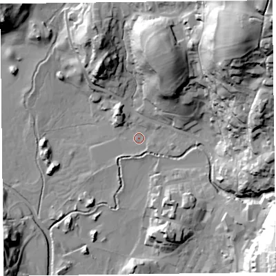 Shaded relief map of the ground around LA229BF, computed from Environment Agency LiDAR. The ground here sits at about 49 m above sea level and falls 90 m across the surrounding 800 m. Surface water reaching this point runs off ground lying to the north-east, 83.3 m higher.