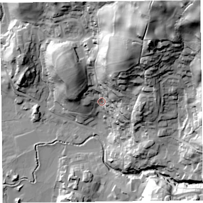 Shaded relief map of the ground around LA229BL, computed from Environment Agency LiDAR. The ground here sits at about 65 m above sea level and falls 123 m across the surrounding 800 m. Surface water reaching this point runs off ground lying to the north-north-east, 55.8 m higher.
