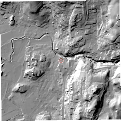 Shaded relief map of the ground around LA229BS, computed from Environment Agency LiDAR. The ground here sits at about 58 m above sea level and falls 78 m across the surrounding 800 m. Surface water reaching this point runs off ground lying to the east-south-east, 7.5 m higher.