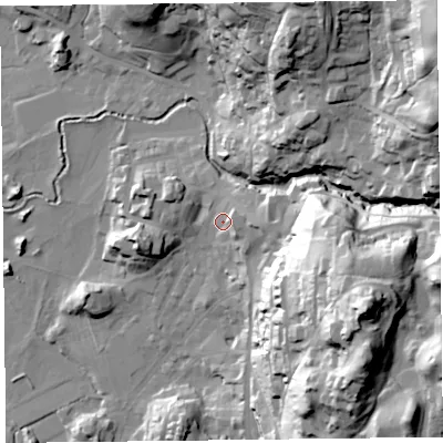 Shaded relief map of the ground around LA229BT, computed from Environment Agency LiDAR. The ground here sits at about 55 m above sea level and falls 71 m across the surrounding 800 m. Surface water reaching this point runs off ground lying to the east-north-east, 7.1 m higher.