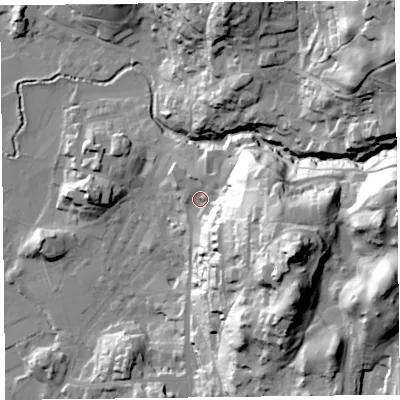 Shaded relief map of the ground around LA229BU, computed from Environment Agency LiDAR. The ground here sits at about 58 m above sea level and falls 76 m across the surrounding 800 m. Surface water reaching this point runs off ground lying to the east, 44.5 m higher.