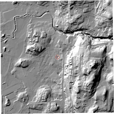 Shaded relief map of the ground around LA229DG, computed from Environment Agency LiDAR. The ground here sits at about 52 m above sea level and falls 71 m across the surrounding 800 m. Surface water reaching this point runs off ground lying to the east, 58.6 m higher.