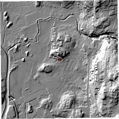 Shaded relief map of the ground around LA229DH, computed from Environment Agency LiDAR. The ground here sits at about 53 m above sea level and falls 73 m across the surrounding 800 m. Surface water reaching this point runs off ground lying to the north, 12.5 m higher.
