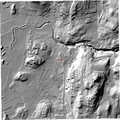 Shaded relief map of the ground around LA229DQ, computed from Environment Agency LiDAR. The ground here sits at about 56 m above sea level and falls 74 m across the surrounding 800 m. Surface water reaching this point runs off ground lying to the east-north-east, 8.5 m higher.