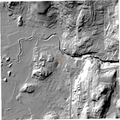 Shaded relief map of the ground around LA229DS, computed from Environment Agency LiDAR. The ground here sits at about 55 m above sea level and falls 70 m across the surrounding 800 m. Surface water reaching this point runs off ground lying to the east, 4.3 m higher.