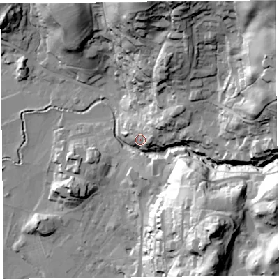 Shaded relief map of the ground around LA229DT, computed from Environment Agency LiDAR. The ground here sits at about 62 m above sea level and falls 92 m across the surrounding 800 m. Surface water reaching this point runs off ground lying to the east-north-east, 17.5 m higher.