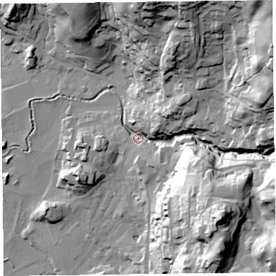 Shaded relief map of the ground around LA229DU, computed from Environment Agency LiDAR. The ground here sits at about 55 m above sea level and falls 81 m across the surrounding 800 m. Surface water reaching this point runs off ground lying to the north-east, 71.3 m higher.