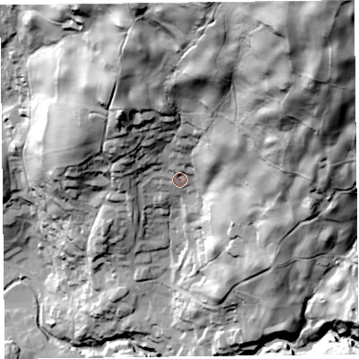 Shaded relief map of the ground around LA229DX, computed from Environment Agency LiDAR. The ground here sits at about 100 m above sea level and falls 181 m across the surrounding 800 m. Surface water reaching this point runs off ground lying to the north-east, 131.7 m higher.