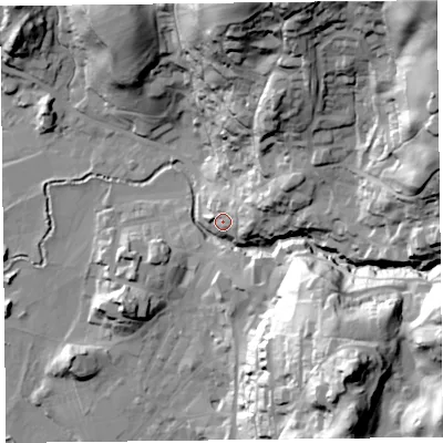 Shaded relief map of the ground around LA229DY, computed from Environment Agency LiDAR. The ground here sits at about 60 m above sea level and falls 92 m across the surrounding 800 m. Surface water reaching this point runs off ground lying to the east-north-east, 14.3 m higher.