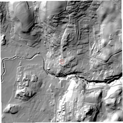 Shaded relief map of the ground around LA229DZ, computed from Environment Agency LiDAR. The ground here sits at about 70 m above sea level and falls 113 m across the surrounding 800 m. Surface water reaching this point runs off ground lying to the north-north-east, 31.9 m higher.