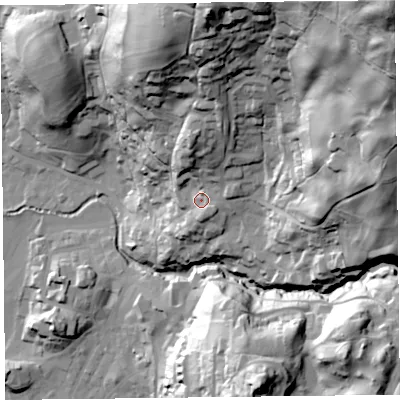Shaded relief map of the ground around LA229EA, computed from Environment Agency LiDAR. The ground here sits at about 79 m above sea level and falls 135 m across the surrounding 800 m. Surface water reaching this point runs off ground lying to the north-north-east, 22.2 m higher.