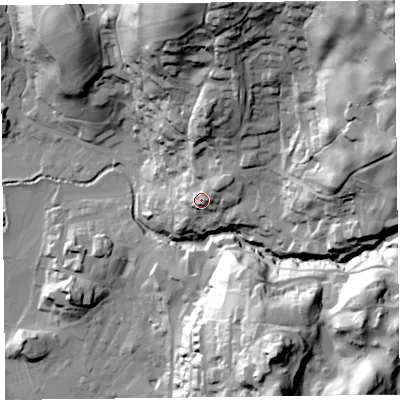 Shaded relief map of the ground around LA229EB, computed from Environment Agency LiDAR. The ground here sits at about 75 m above sea level and falls 113 m across the surrounding 800 m. Surface water reaching this point runs off ground lying to the north-east, 10.8 m higher.