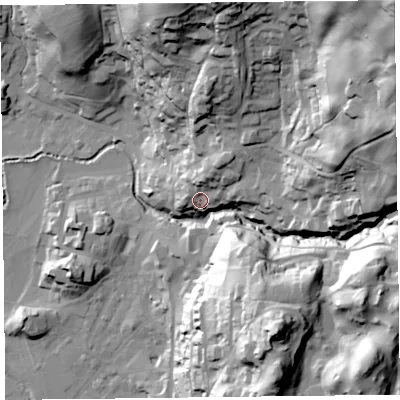 Shaded relief map of the ground around LA229EF, computed from Environment Agency LiDAR. The ground here sits at about 68 m above sea level and falls 106 m across the surrounding 800 m. Surface water reaching this point runs off ground lying to the north-north-east, 18.1 m higher.