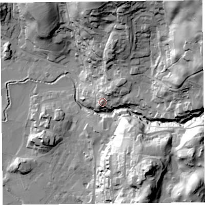 Shaded relief map of the ground around LA229EG, computed from Environment Agency LiDAR. The ground here sits at about 68 m above sea level and falls 97 m across the surrounding 800 m. Surface water reaching this point runs off ground lying to the north-east, 18.5 m higher.