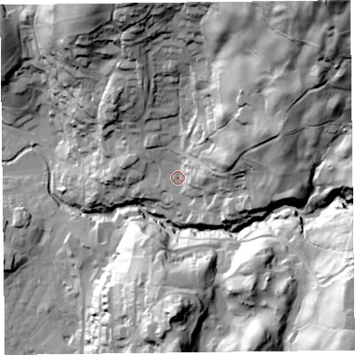 Shaded relief map of the ground around LA229EJ, computed from Environment Agency LiDAR. The ground here sits at about 78 m above sea level and falls 129 m across the surrounding 800 m. Surface water reaching this point runs off ground lying to the north-east, 97.1 m higher.