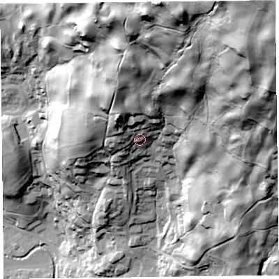 Shaded relief map of the ground around LA229EU, computed from Environment Agency LiDAR. The ground here sits at about 112 m above sea level and falls 194 m across the surrounding 800 m. Surface water reaching this point runs off ground lying to the north-north-east, 88.7 m higher.