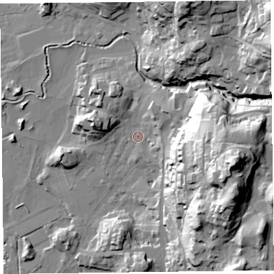 Shaded relief map of the ground around LA229FA, computed from Environment Agency LiDAR. The ground here sits at about 51 m above sea level and falls 74 m across the surrounding 800 m. Surface water reaching this point runs off ground lying to the north-east, 10.5 m higher.