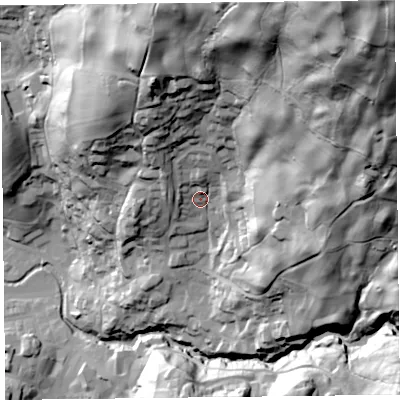 Shaded relief map of the ground around LA229HA, computed from Environment Agency LiDAR. The ground here sits at about 90 m above sea level and falls 167 m across the surrounding 800 m. Surface water reaching this point runs off ground lying to the north-east, 128.3 m higher.