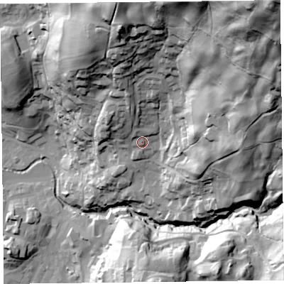 Shaded relief map of the ground around LA229HB, computed from Environment Agency LiDAR. The ground here sits at about 84 m above sea level and falls 154 m across the surrounding 800 m. Surface water reaching this point runs off ground lying to the north-north-east, 72.0 m higher.