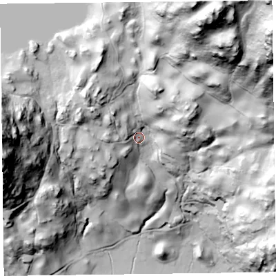 Shaded relief map of the ground around LA229HF, computed from Environment Agency LiDAR. The ground here sits at about 82 m above sea level and falls 201 m across the surrounding 800 m. Surface water reaching this point runs off ground lying to the west-north-west, 19.9 m higher.