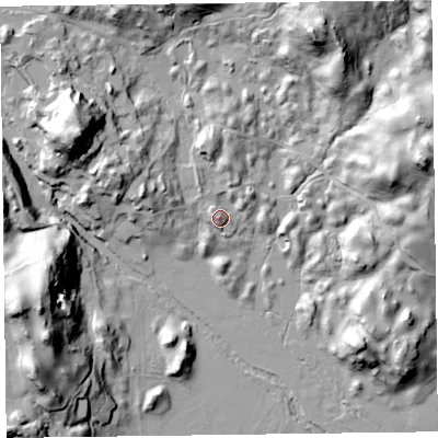 Shaded relief map of the ground around LA229HN, computed from Environment Agency LiDAR. The ground here sits at about 65 m above sea level and falls 57 m across the surrounding 800 m. Surface water reaching this point runs off ground lying to the west, 3.9 m higher.