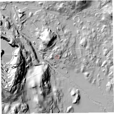 Shaded relief map of the ground around LA229HP, computed from Environment Agency LiDAR. The ground here sits at about 67 m above sea level and falls 69 m across the surrounding 800 m. Surface water reaching this point runs off ground lying to the north-north-east, 10.6 m higher.