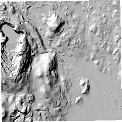 Shaded relief map of the ground around LA229HU, computed from Environment Agency LiDAR. The ground here sits at about 63 m above sea level and falls 89 m across the surrounding 800 m. Surface water reaching this point runs off ground lying to the west, 67.0 m higher.