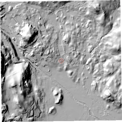 Shaded relief map of the ground around LA229HW, computed from Environment Agency LiDAR. The ground here sits at about 62 m above sea level and falls 54 m across the surrounding 800 m. Surface water reaching this point runs off ground lying to the north-east, 49.7 m higher.