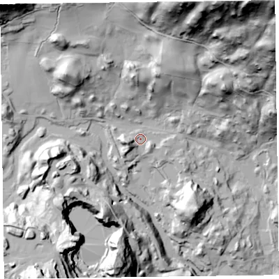 Shaded relief map of the ground around LA229JD, computed from Environment Agency LiDAR. The ground here sits at about 73 m above sea level and falls 148 m across the surrounding 800 m. Surface water reaching this point runs off ground lying to the west-south-west, 11.5 m higher.